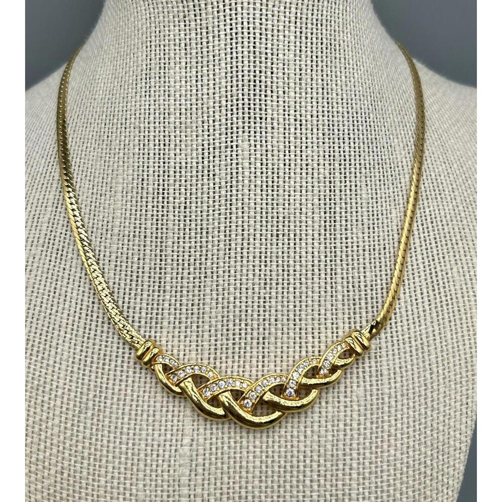 Sparkling Gold Tone Rhinestone Herringbone Intertwined Collar 16” Necklace